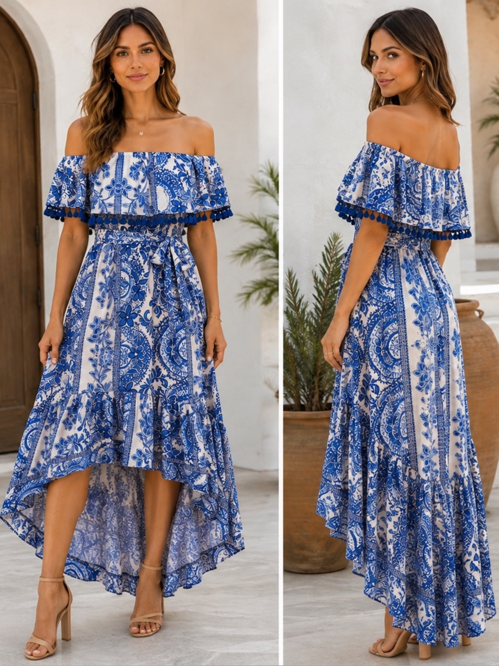 NWT Lulus Off-Shoulder Blue & White Printed High-Low Dress size small video